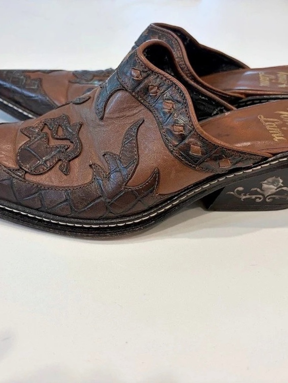 vintage Tony Lama Embroidered Leather-Style Mules in Brown with silver rose heel - Picture 2 of 6